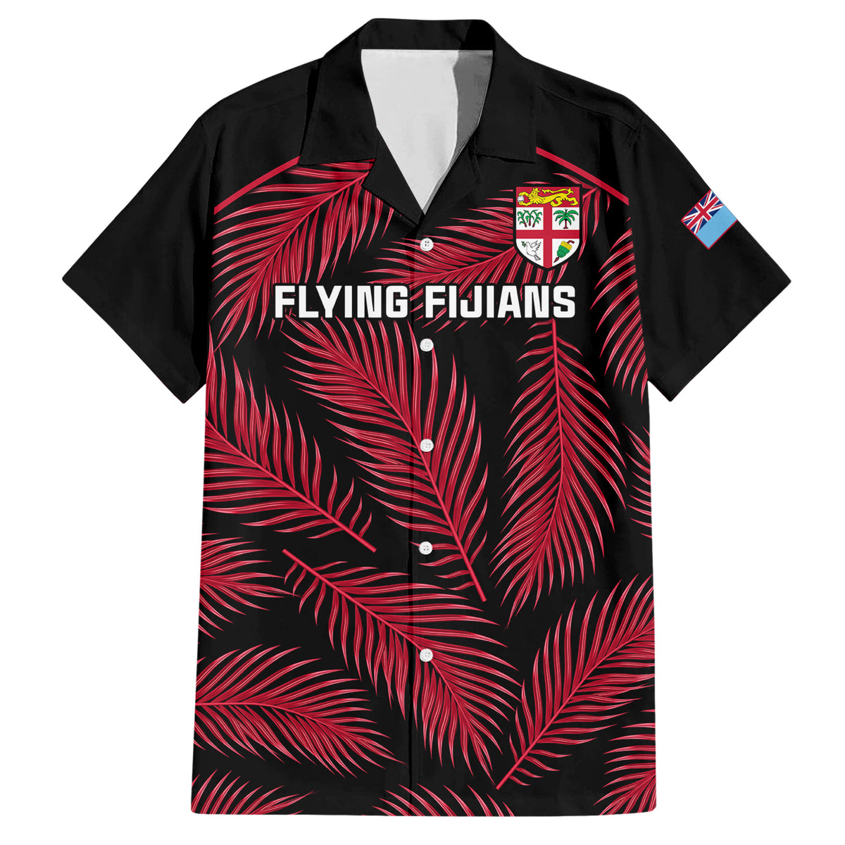 Fiji Rugby Family Matching Short Sleeve Bodycon Dress and Hawaiian Shirt Flying Fijians Red Palm Tree Version LT01 Dad's Shirt - Short Sleeve Black - Polynesian Pride