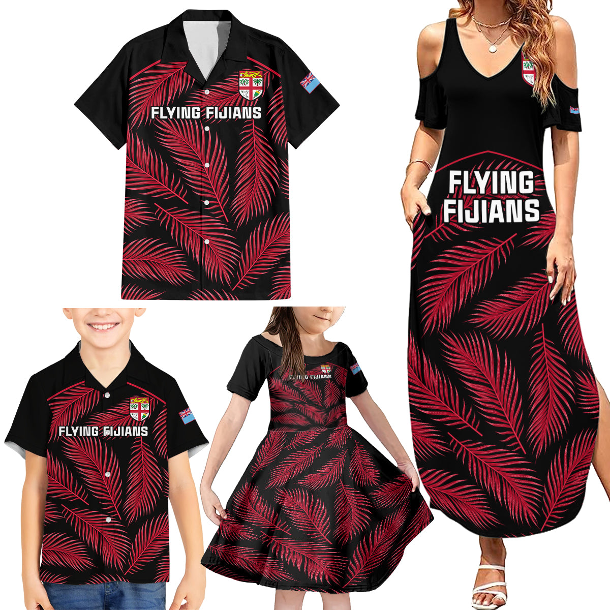 Fiji Rugby Family Matching Summer Maxi Dress and Hawaiian Shirt Flying Fijians Red Palm Tree Version LT01 - Polynesian Pride