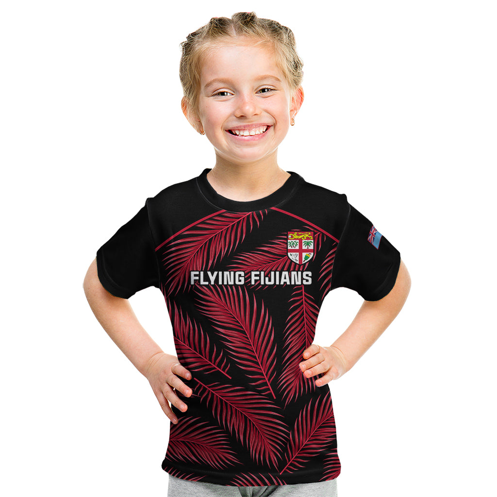 Fiji Rugby Kid T Shirt Flying Fijians Red Palm Tree Version LT01 Black - Polynesian Pride