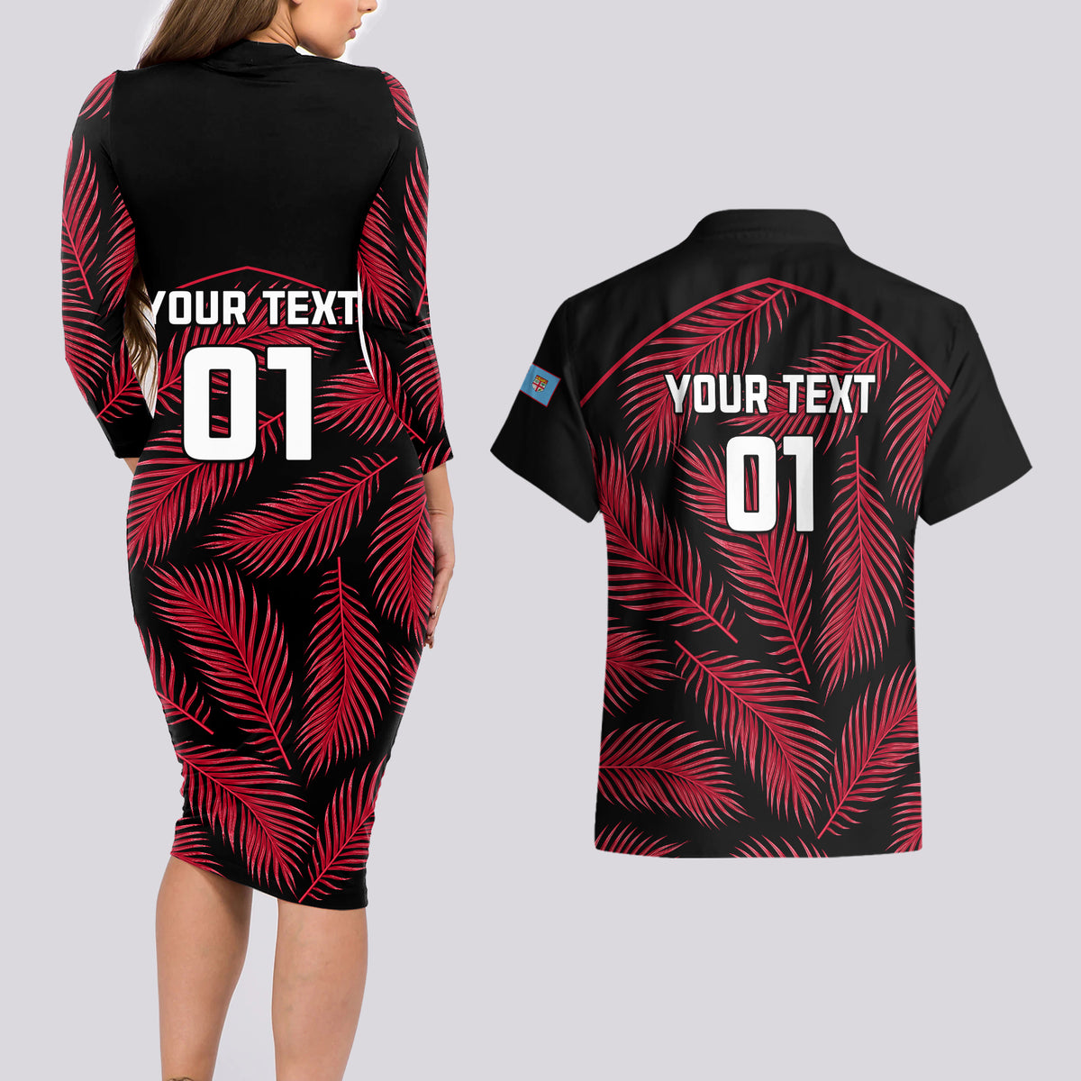 Custom Fiji Rugby Couples Matching Long Sleeve Bodycon Dress and Hawaiian Shirt Flying Fijians Red Palm Tree Version LT01 - Polynesian Pride
