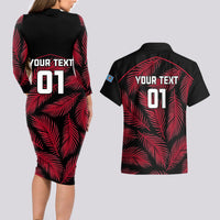 Custom Fiji Rugby Couples Matching Long Sleeve Bodycon Dress and Hawaiian Shirt Flying Fijians Red Palm Tree Version LT01 - Polynesian Pride
