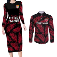 Custom Fiji Rugby Couples Matching Long Sleeve Bodycon Dress and Long Sleeve Button Shirts Flying Fijians Red Palm Tree Version LT01 Black - Polynesian Pride