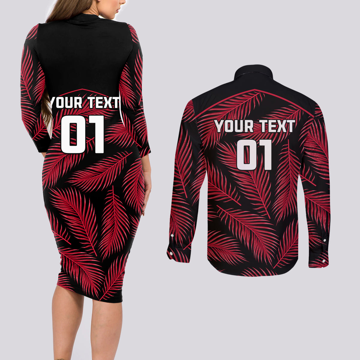 Custom Fiji Rugby Couples Matching Long Sleeve Bodycon Dress and Long Sleeve Button Shirts Flying Fijians Red Palm Tree Version LT01 - Polynesian Pride