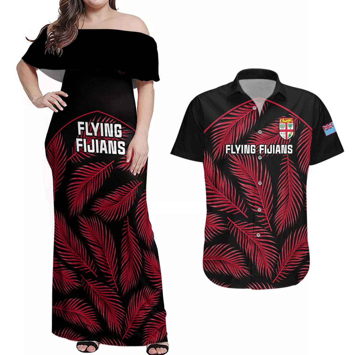 Custom Fiji Rugby Couples Matching Off Shoulder Maxi Dress and Hawaiian Shirt Flying Fijians Red Palm Tree Version LT01 Black - Polynesian Pride