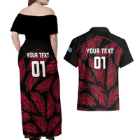 Custom Fiji Rugby Couples Matching Off Shoulder Maxi Dress and Hawaiian Shirt Flying Fijians Red Palm Tree Version LT01 - Polynesian Pride