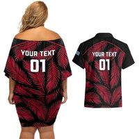 Custom Fiji Rugby Couples Matching Off Shoulder Short Dress and Hawaiian Shirt Flying Fijians Red Palm Tree Version LT01 - Polynesian Pride