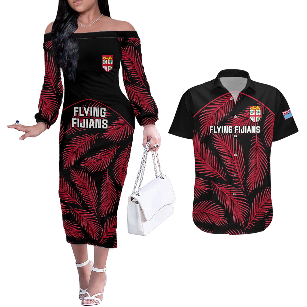 Custom Fiji Rugby Couples Matching Off The Shoulder Long Sleeve Dress and Hawaiian Shirt Flying Fijians Red Palm Tree Version LT01 Black - Polynesian Pride
