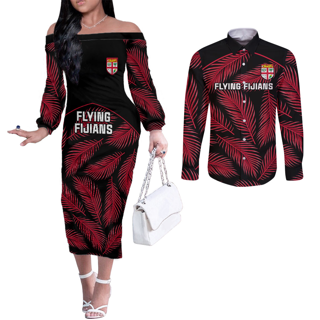 Custom Fiji Rugby Couples Matching Off The Shoulder Long Sleeve Dress and Long Sleeve Button Shirts Flying Fijians Red Palm Tree Version LT01 Black - Polynesian Pride