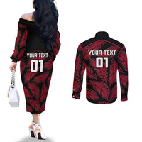 Custom Fiji Rugby Couples Matching Off The Shoulder Long Sleeve Dress and Long Sleeve Button Shirts Flying Fijians Red Palm Tree Version LT01 - Polynesian Pride