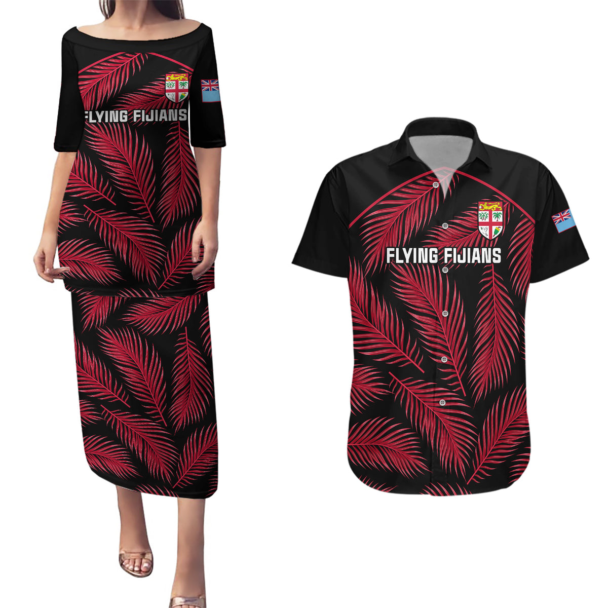 Custom Fiji Rugby Couples Matching Puletasi Dress and Hawaiian Shirt Flying Fijians Red Palm Tree Version LT01 Black - Polynesian Pride