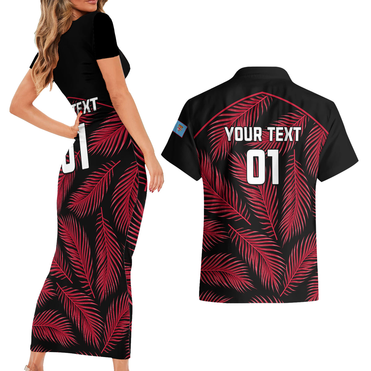 Custom Fiji Rugby Couples Matching Short Sleeve Bodycon Dress and Hawaiian Shirt Flying Fijians Red Palm Tree Version LT01 - Polynesian Pride