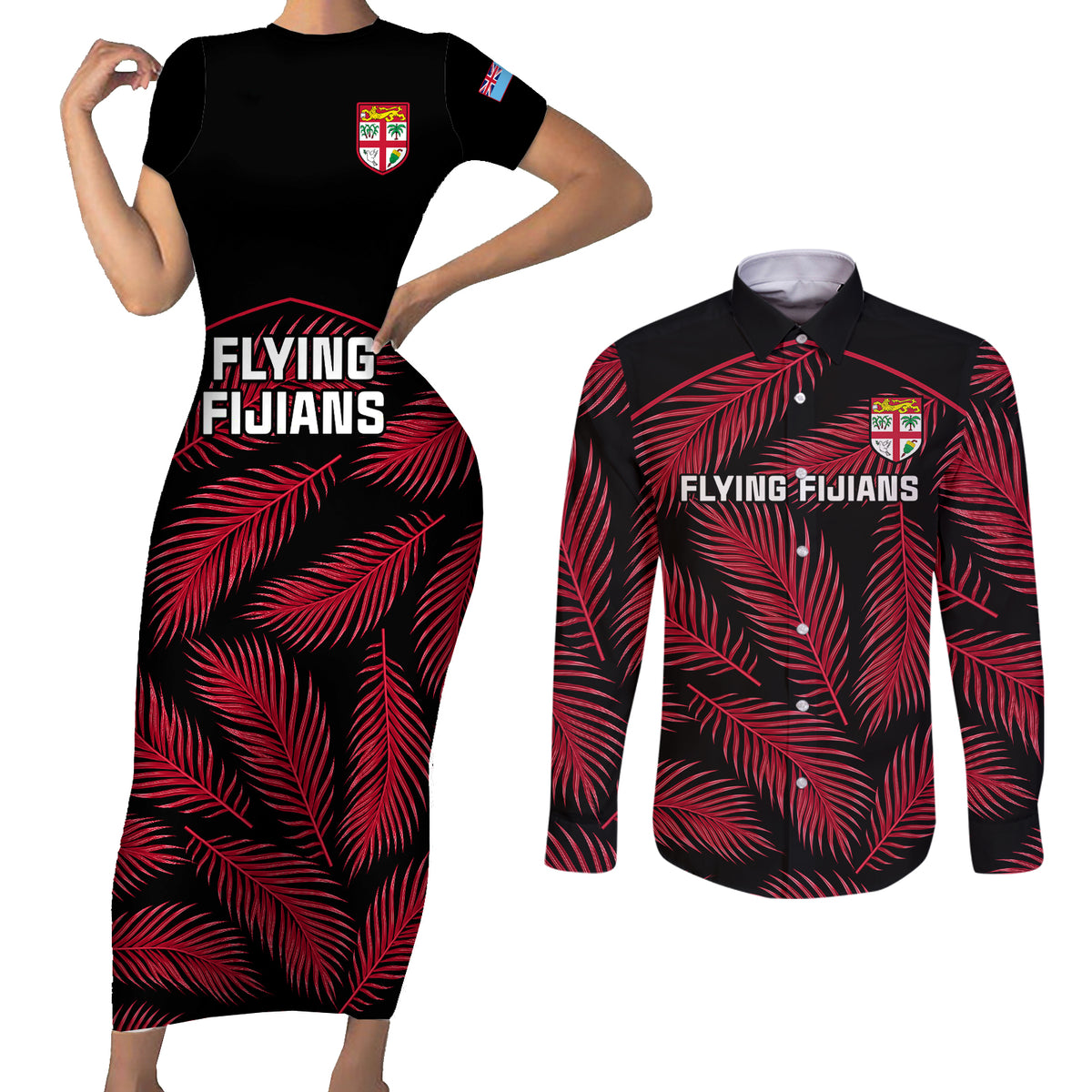 Custom Fiji Rugby Couples Matching Short Sleeve Bodycon Dress and Long Sleeve Button Shirts Flying Fijians Red Palm Tree Version LT01 Black - Polynesian Pride
