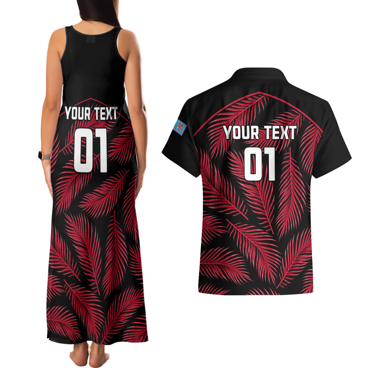Custom Fiji Rugby Couples Matching Tank Maxi Dress and Hawaiian Shirt Flying Fijians Red Palm Tree Version LT01 - Polynesian Pride
