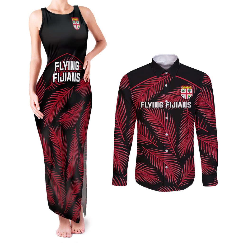 Custom Fiji Rugby Couples Matching Tank Maxi Dress and Long Sleeve Button Shirts Flying Fijians Red Palm Tree Version LT01 Black - Polynesian Pride