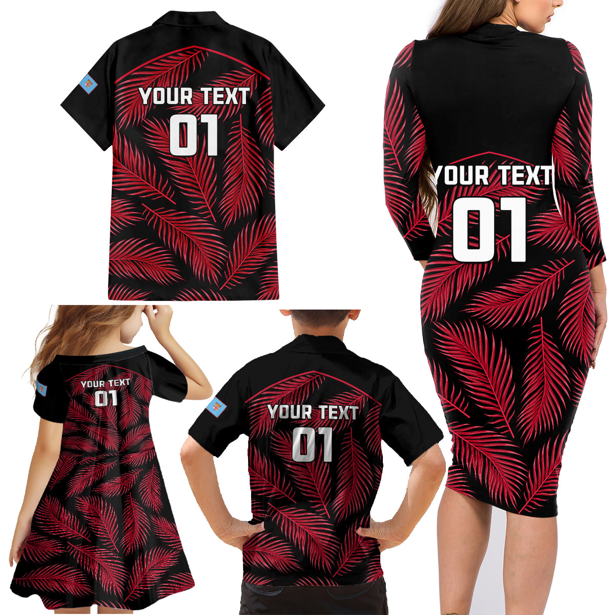 Custom Fiji Rugby Family Matching Long Sleeve Bodycon Dress and Hawaiian Shirt Flying Fijians Red Palm Tree Version LT01 - Polynesian Pride