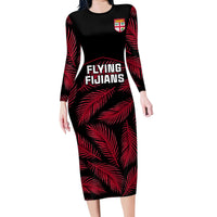 Custom Fiji Rugby Family Matching Long Sleeve Bodycon Dress and Hawaiian Shirt Flying Fijians Red Palm Tree Version LT01 Mom's Dress Black - Polynesian Pride