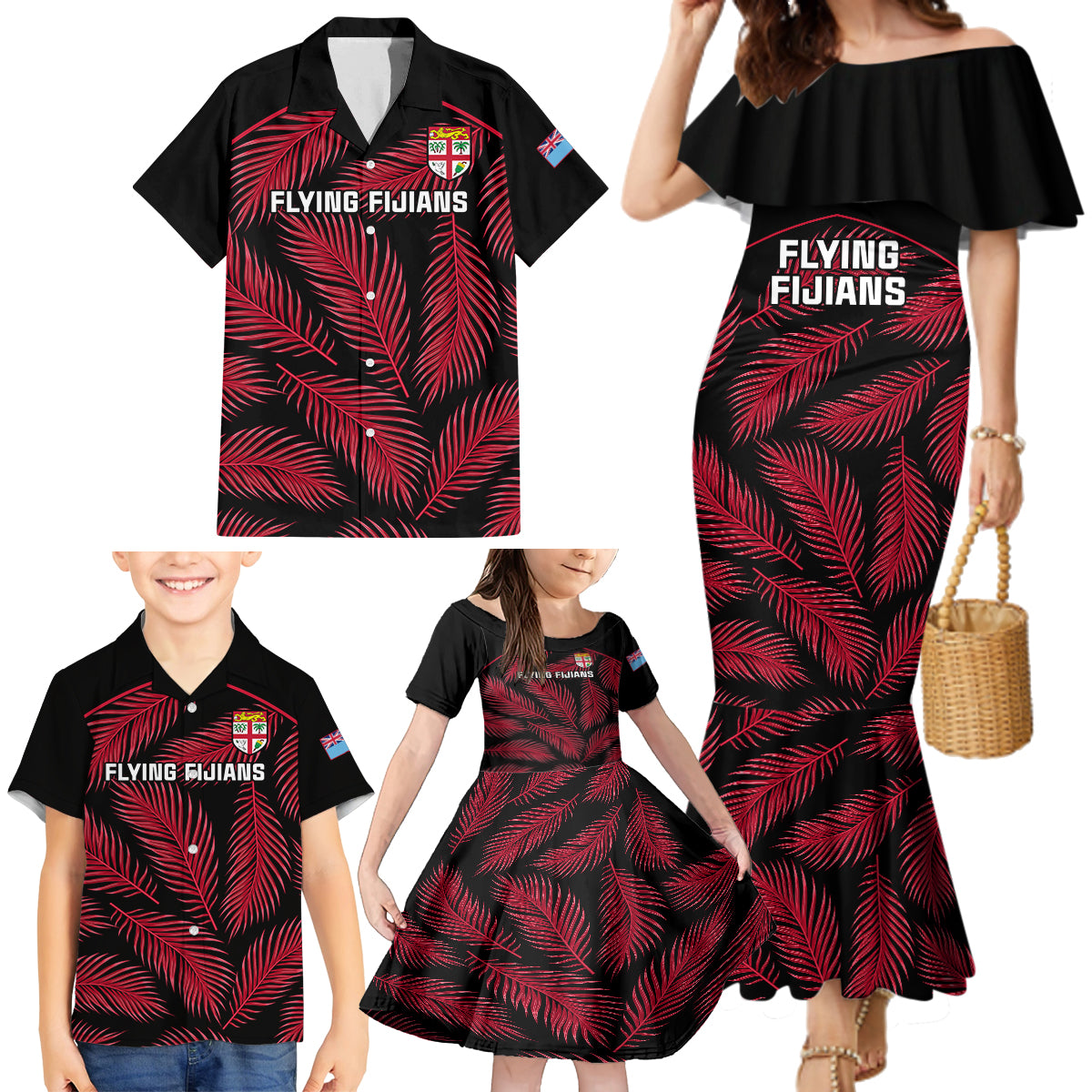 Custom Fiji Rugby Family Matching Mermaid Dress and Hawaiian Shirt Flying Fijians Red Palm Tree Version LT01 - Polynesian Pride