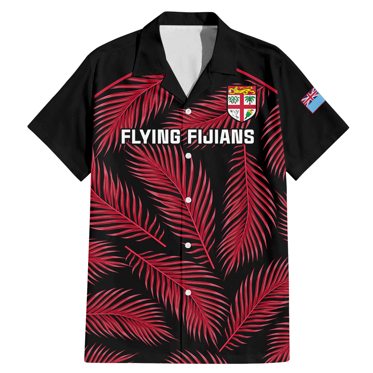Custom Fiji Rugby Family Matching Mermaid Dress and Hawaiian Shirt Flying Fijians Red Palm Tree Version LT01 Dad's Shirt - Short Sleeve Black - Polynesian Pride