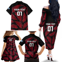 Custom Fiji Rugby Family Matching Off Shoulder Long Sleeve Dress and Hawaiian Shirt Flying Fijians Red Palm Tree Version LT01 - Polynesian Pride