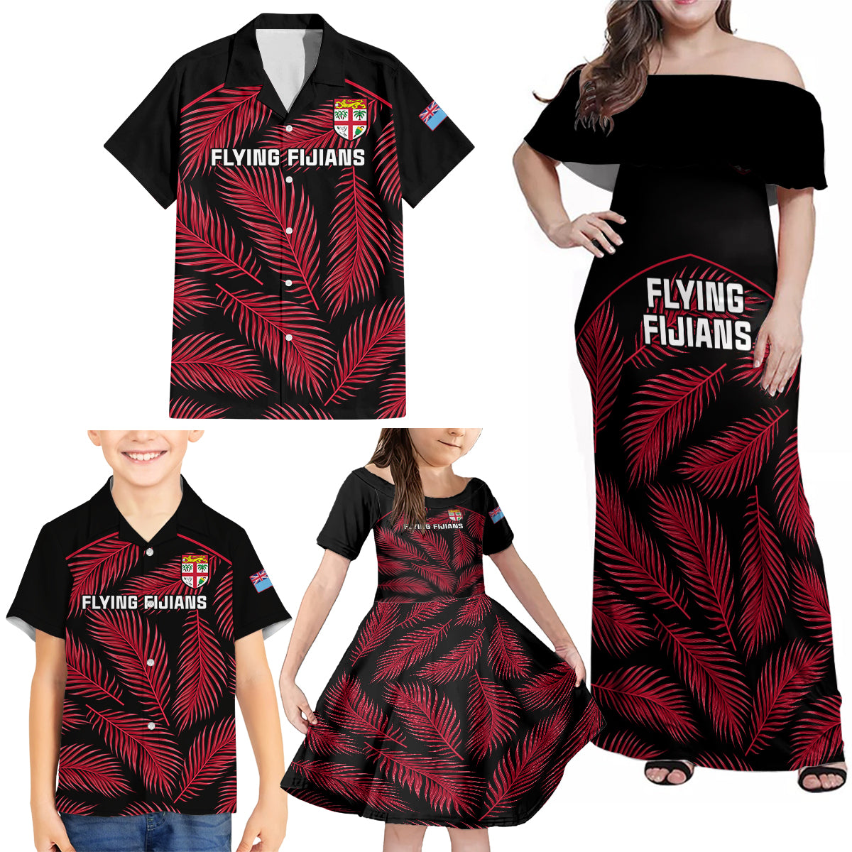 Custom Fiji Rugby Family Matching Off Shoulder Maxi Dress and Hawaiian Shirt Flying Fijians Red Palm Tree Version LT01 - Polynesian Pride