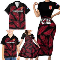 Custom Fiji Rugby Family Matching Short Sleeve Bodycon Dress and Hawaiian Shirt Flying Fijians Red Palm Tree Version LT01 - Polynesian Pride