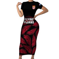 Custom Fiji Rugby Family Matching Short Sleeve Bodycon Dress and Hawaiian Shirt Flying Fijians Red Palm Tree Version LT01 Mom's Dress Black - Polynesian Pride