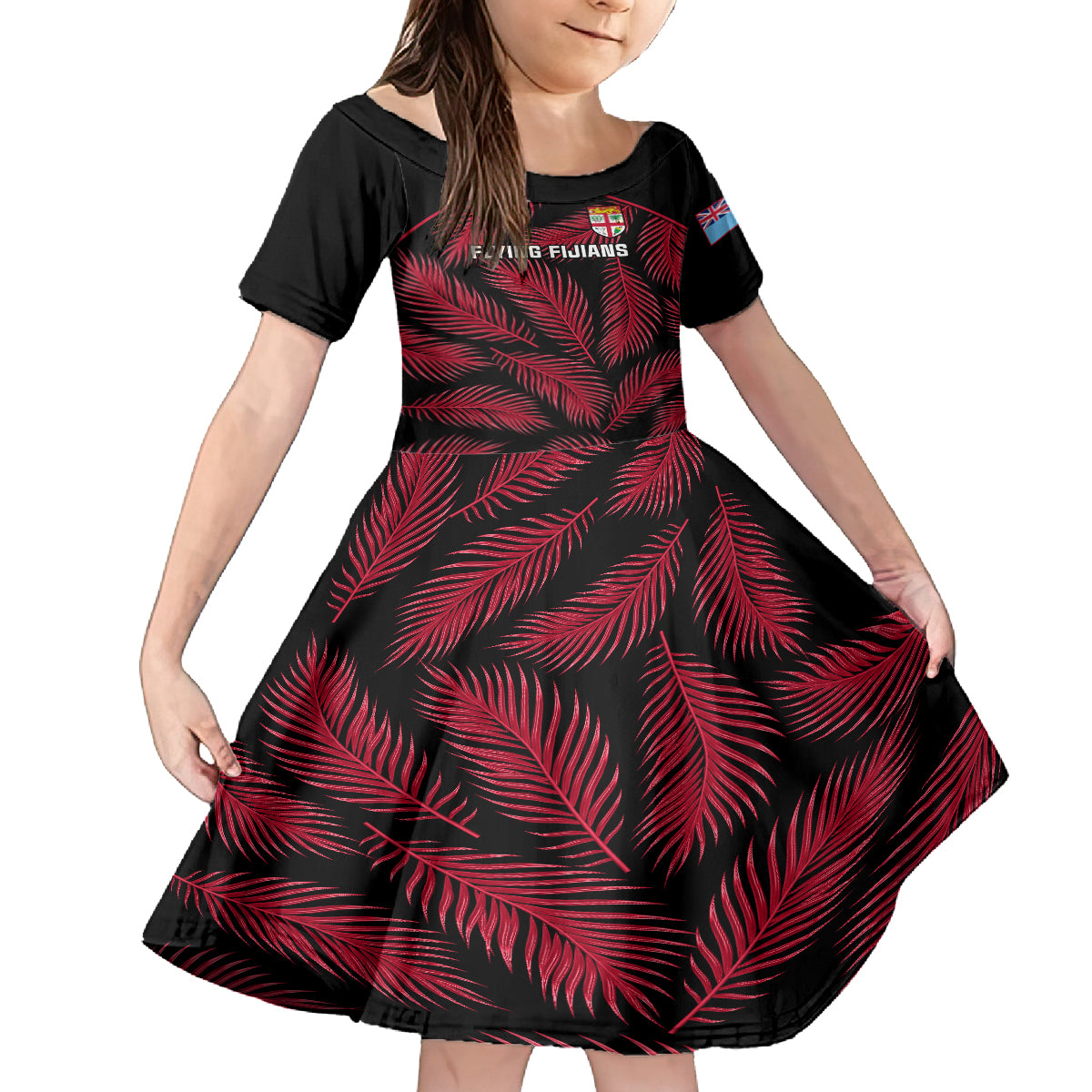 Custom Fiji Rugby Family Matching Summer Maxi Dress and Hawaiian Shirt Flying Fijians Red Palm Tree Version LT01 Daughter's Dress Black - Polynesian Pride