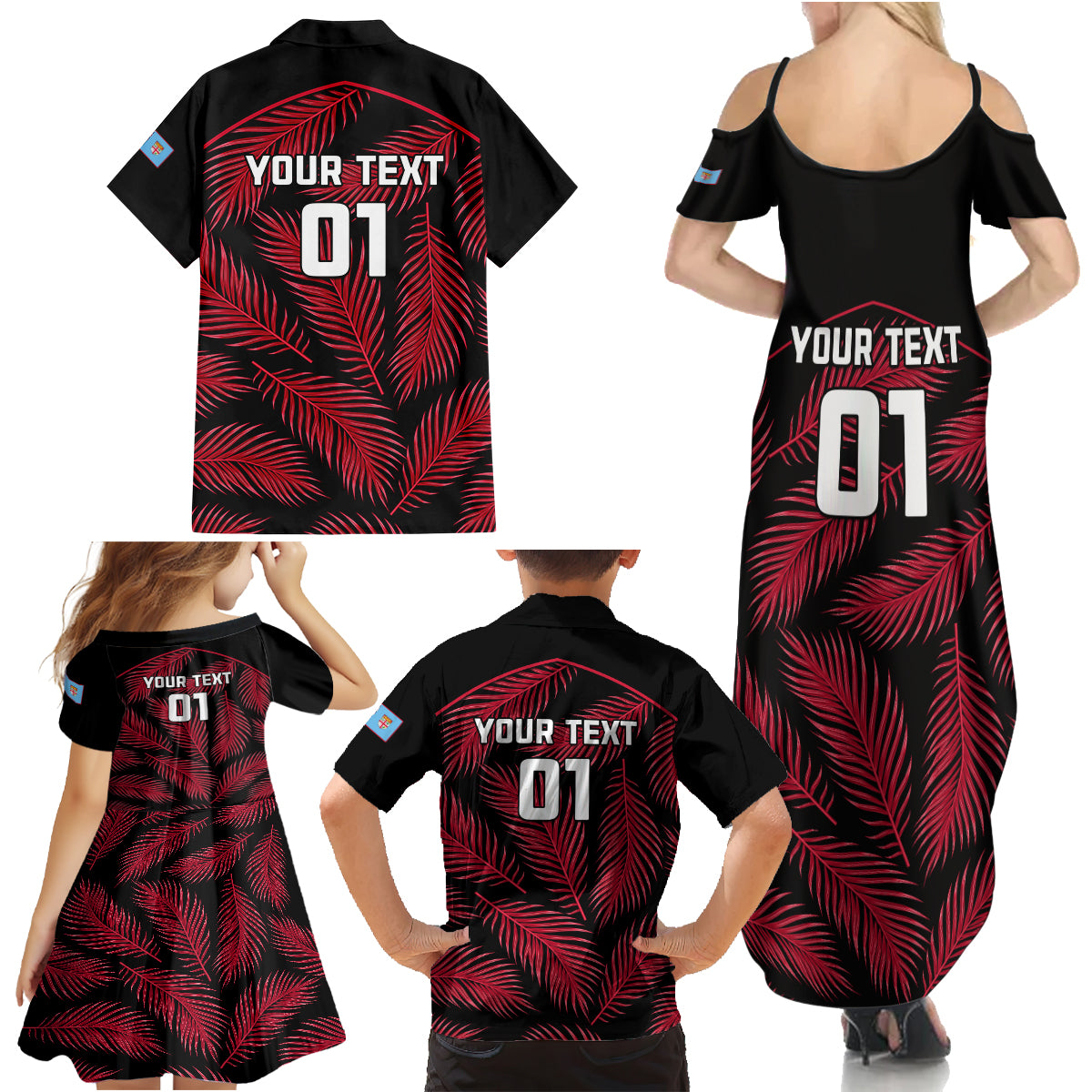 Custom Fiji Rugby Family Matching Summer Maxi Dress and Hawaiian Shirt Flying Fijians Red Palm Tree Version LT01 - Polynesian Pride