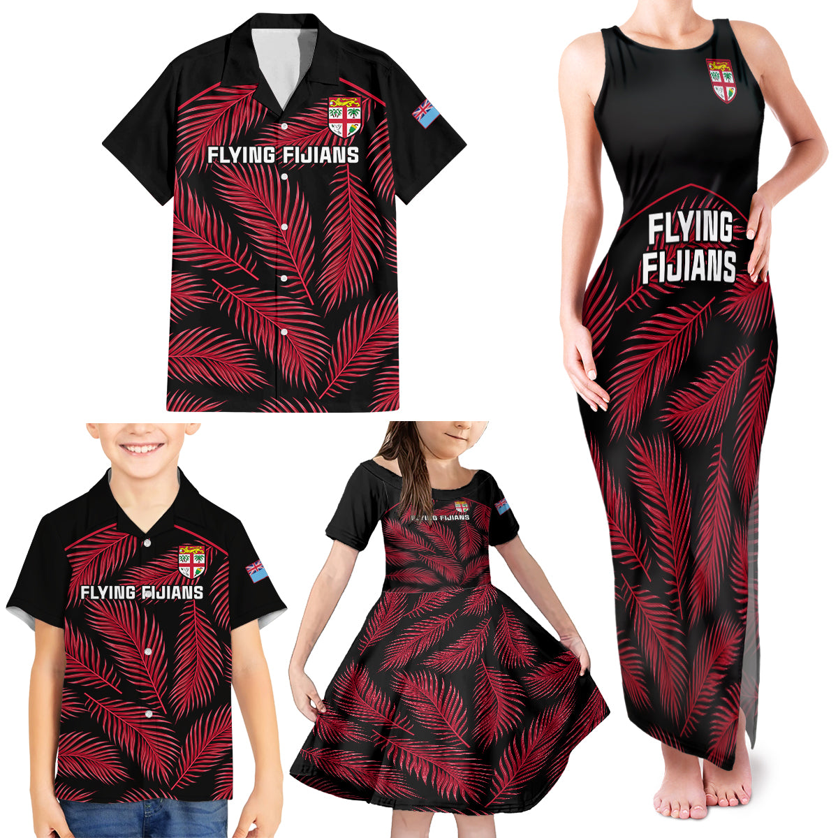 Custom Fiji Rugby Family Matching Tank Maxi Dress and Hawaiian Shirt Flying Fijians Red Palm Tree Version LT01 - Polynesian Pride