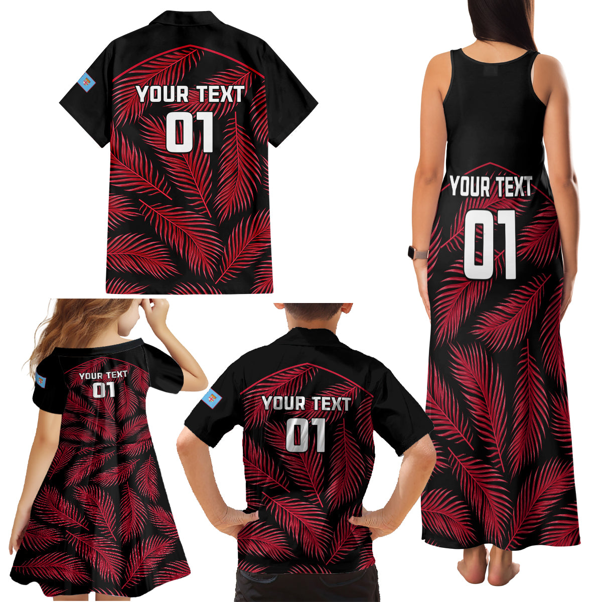 Custom Fiji Rugby Family Matching Tank Maxi Dress and Hawaiian Shirt Flying Fijians Red Palm Tree Version LT01 - Polynesian Pride