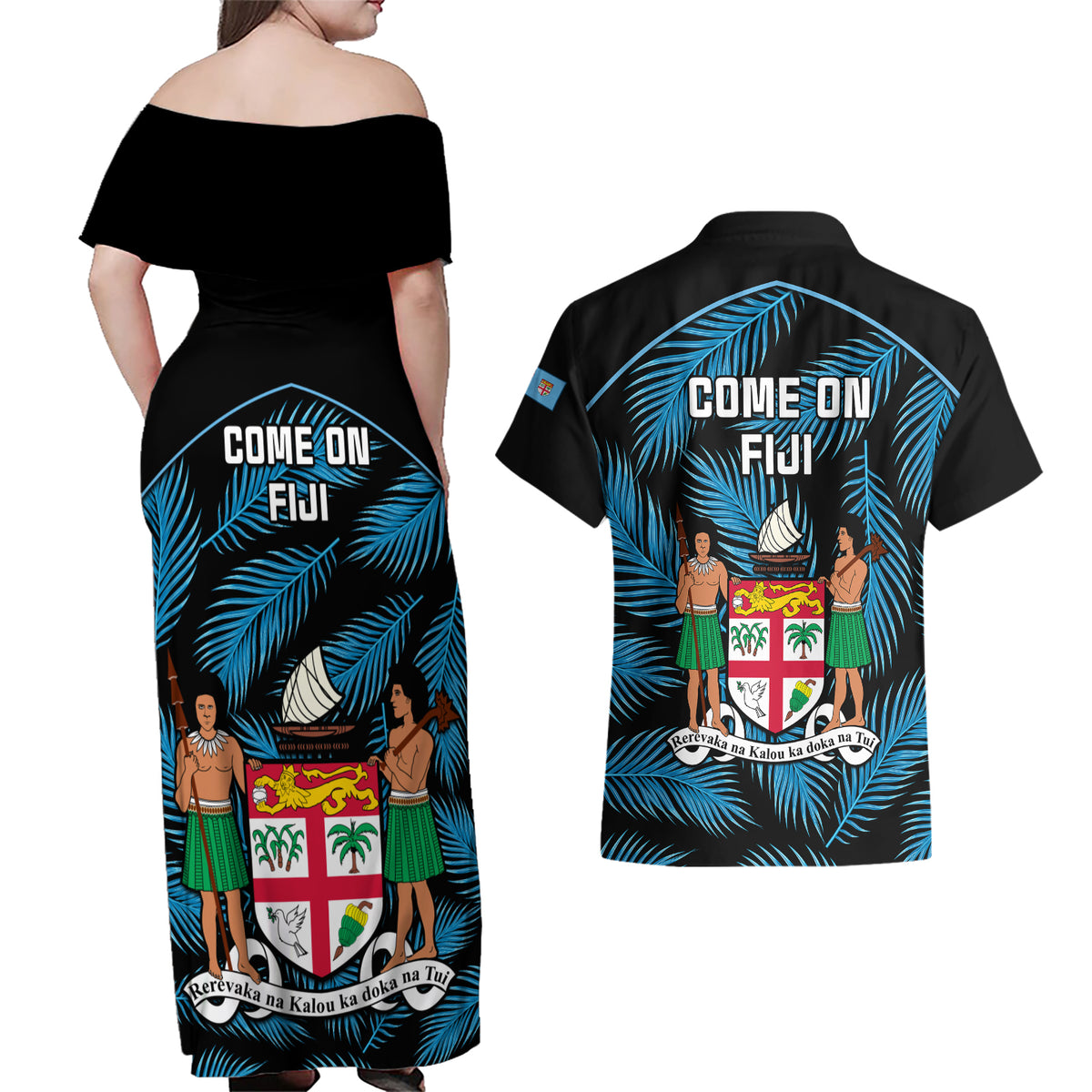 fiji-rugby-couples-matching-off-shoulder-maxi-dress-and-hawaiian-shirt-flying-fijians-blue-palm-tree-version