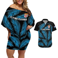 Fiji Rugby Couples Matching Off Shoulder Short Dress and Hawaiian Shirt Flying Fijians Blue Palm Tree Version LT01 Black - Polynesian Pride