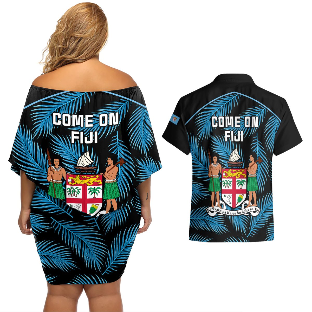 Fiji Rugby Couples Matching Off Shoulder Short Dress and Hawaiian Shirt Flying Fijians Blue Palm Tree Version LT01 - Polynesian Pride