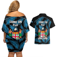 Fiji Rugby Couples Matching Off Shoulder Short Dress and Hawaiian Shirt Flying Fijians Blue Palm Tree Version LT01 - Polynesian Pride