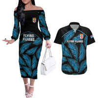 Fiji Rugby Couples Matching Off The Shoulder Long Sleeve Dress and Hawaiian Shirt Flying Fijians Blue Palm Tree Version LT01 Black - Polynesian Pride