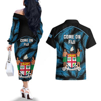 Fiji Rugby Couples Matching Off The Shoulder Long Sleeve Dress and Hawaiian Shirt Flying Fijians Blue Palm Tree Version LT01 - Polynesian Pride