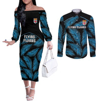 Fiji Rugby Couples Matching Off The Shoulder Long Sleeve Dress and Long Sleeve Button Shirts Flying Fijians Blue Palm Tree Version LT01 Black - Polynesian Pride