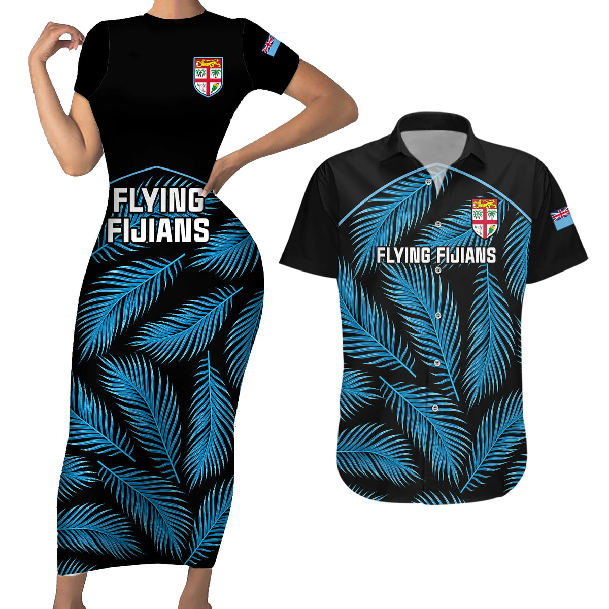 Fiji Rugby Couples Matching Short Sleeve Bodycon Dress and Hawaiian Shirt Flying Fijians Blue Palm Tree Version LT01 Black - Polynesian Pride
