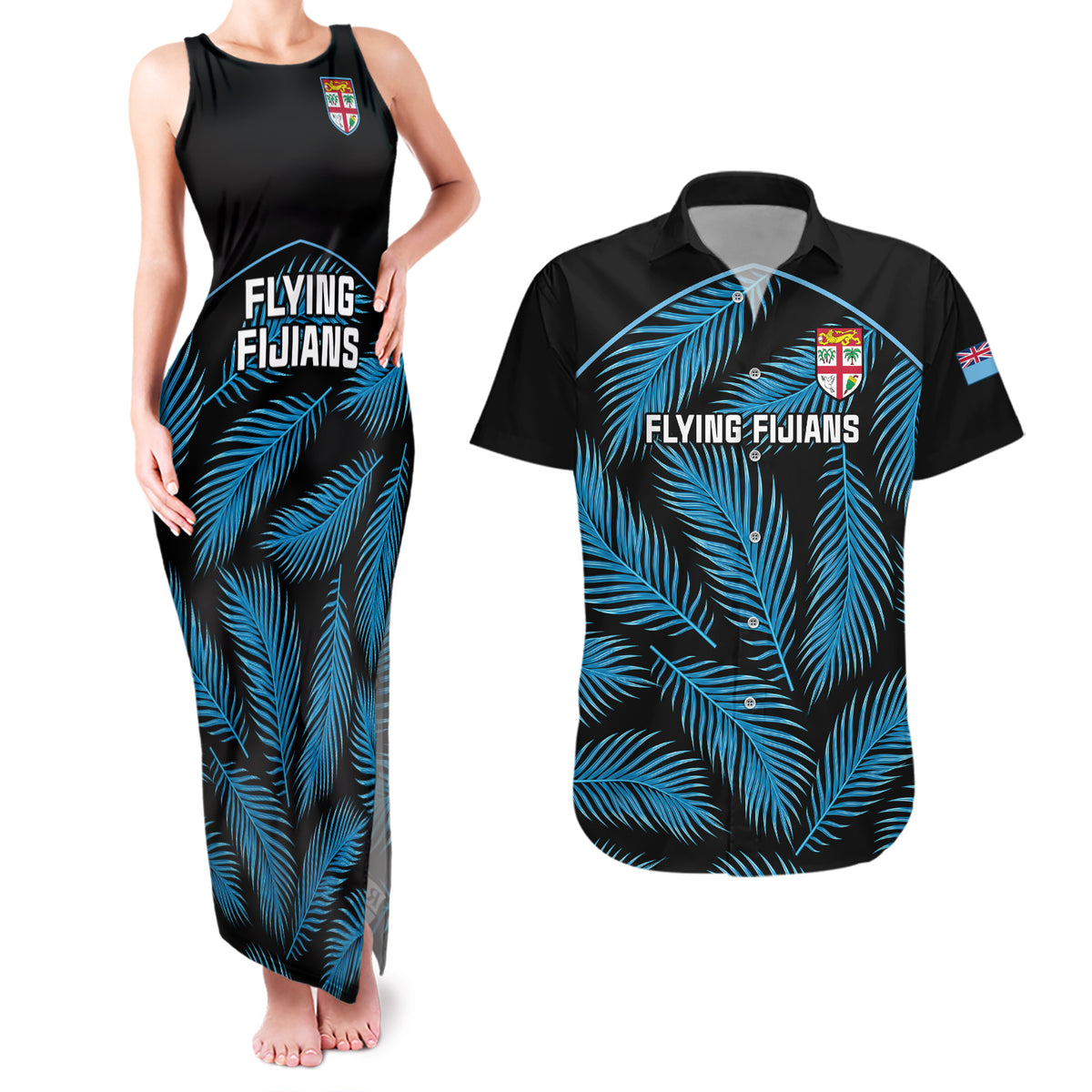 Fiji Rugby Couples Matching Tank Maxi Dress and Hawaiian Shirt Flying Fijians Blue Palm Tree Version LT01 Black - Polynesian Pride