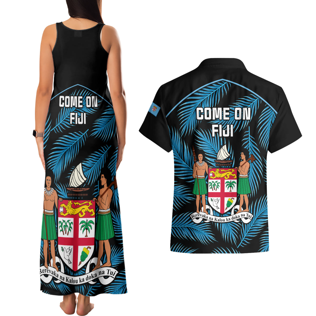 Fiji Rugby Couples Matching Tank Maxi Dress and Hawaiian Shirt Flying Fijians Blue Palm Tree Version LT01 - Polynesian Pride