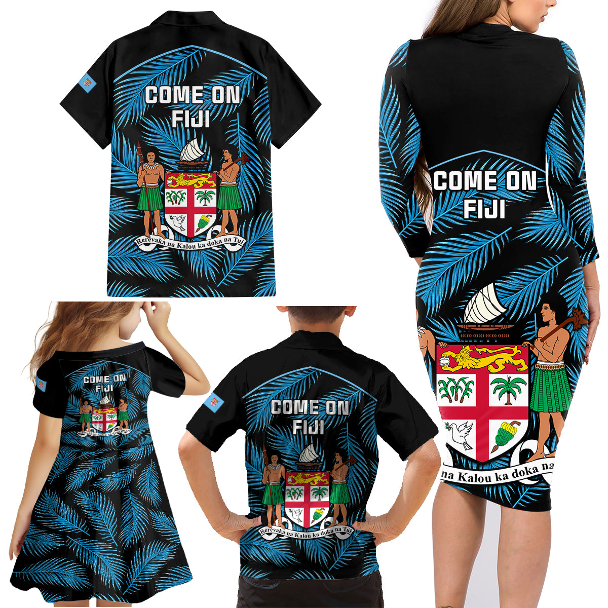 Fiji Rugby Family Matching Long Sleeve Bodycon Dress and Hawaiian Shirt Flying Fijians Blue Palm Tree Version LT01 - Polynesian Pride