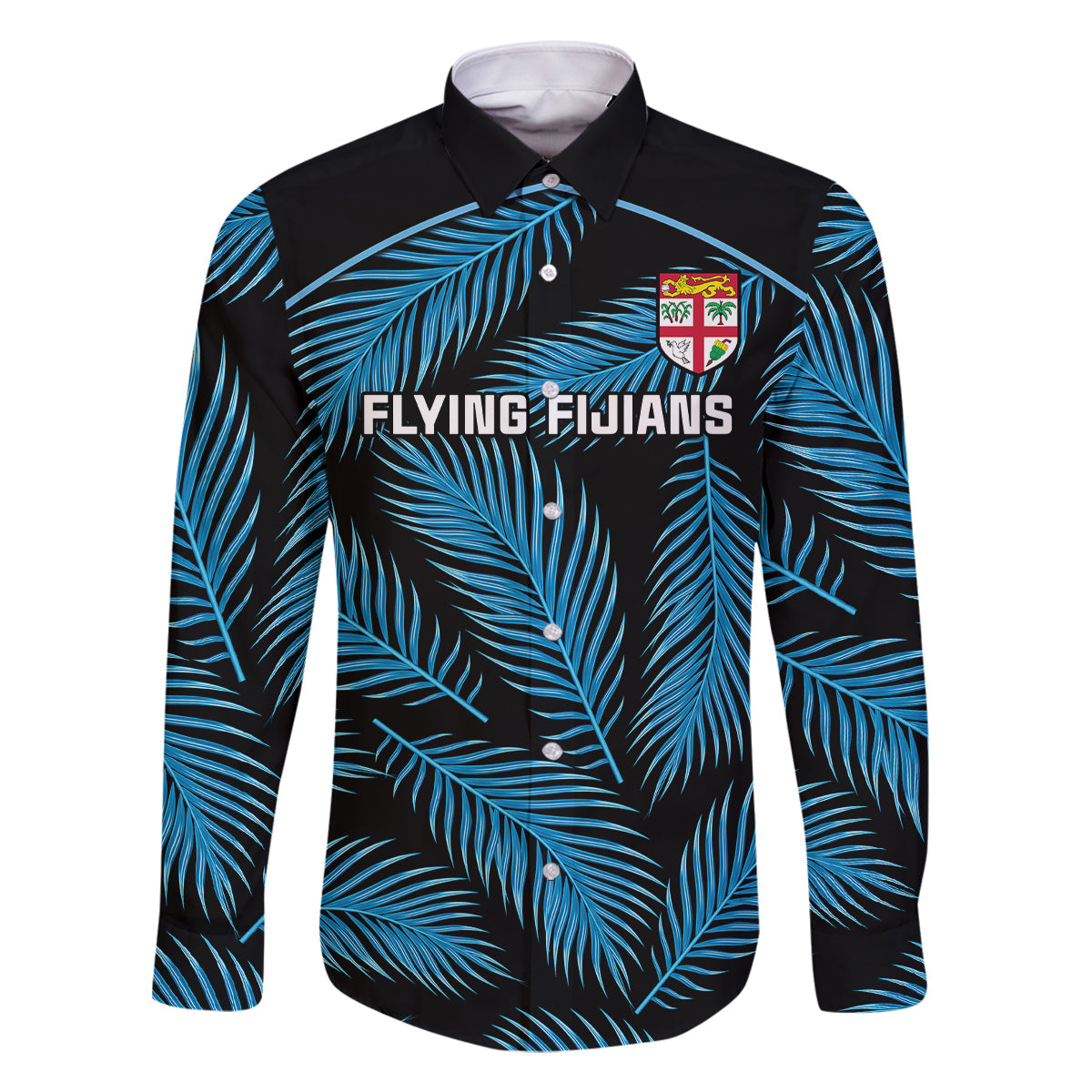 Fiji Rugby Family Matching Mermaid Dress and Hawaiian Shirt Flying Fijians Blue Palm Tree Version LT01 Dad's Shirt - Long Sleeve Black - Polynesian Pride
