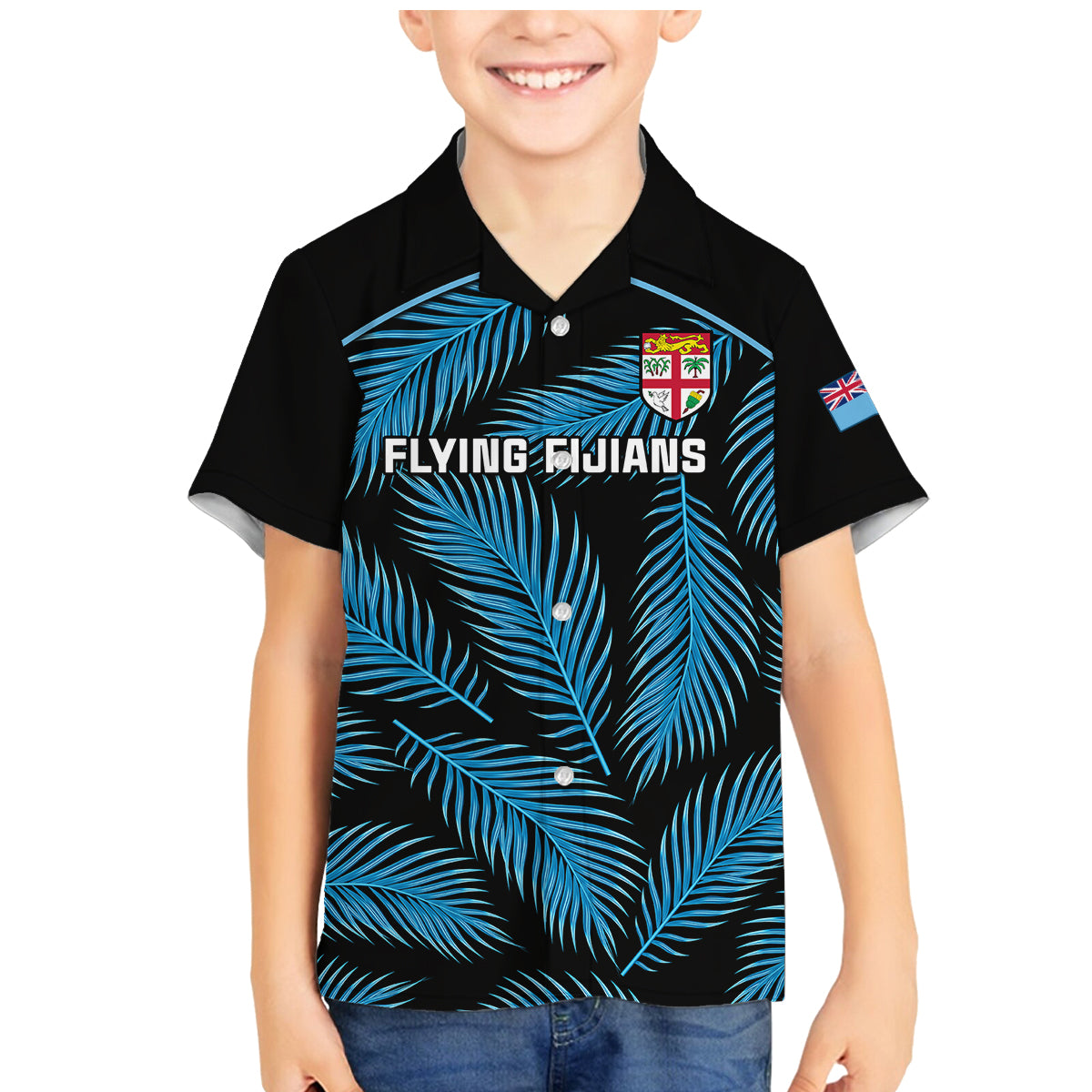 Fiji Rugby Family Matching Mermaid Dress and Hawaiian Shirt Flying Fijians Blue Palm Tree Version LT01 Son's Shirt Black - Polynesian Pride