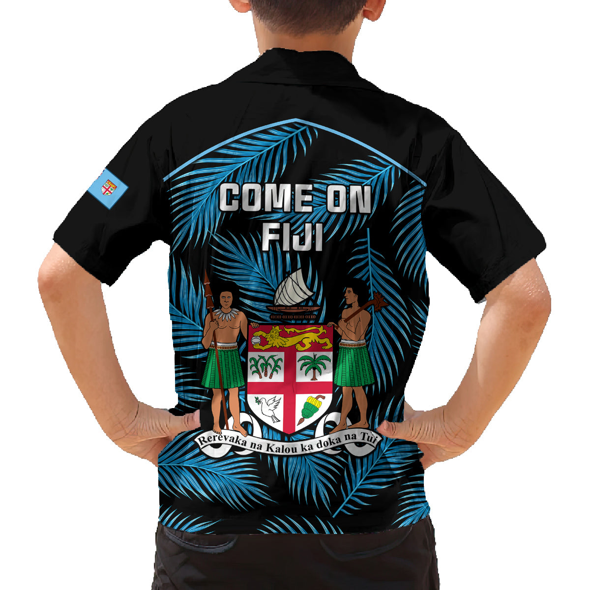 Fiji Rugby Family Matching Off Shoulder Long Sleeve Dress and Hawaiian Shirt Flying Fijians Blue Palm Tree Version LT01 - Polynesian Pride