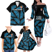 Fiji Rugby Family Matching Off Shoulder Long Sleeve Dress and Hawaiian Shirt Flying Fijians Blue Palm Tree Version LT01 - Polynesian Pride