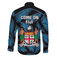Fiji Rugby Family Matching Off Shoulder Long Sleeve Dress and Hawaiian Shirt Flying Fijians Blue Palm Tree Version LT01 - Polynesian Pride