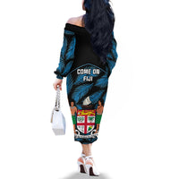 Fiji Rugby Family Matching Off Shoulder Long Sleeve Dress and Hawaiian Shirt Flying Fijians Blue Palm Tree Version LT01 - Polynesian Pride
