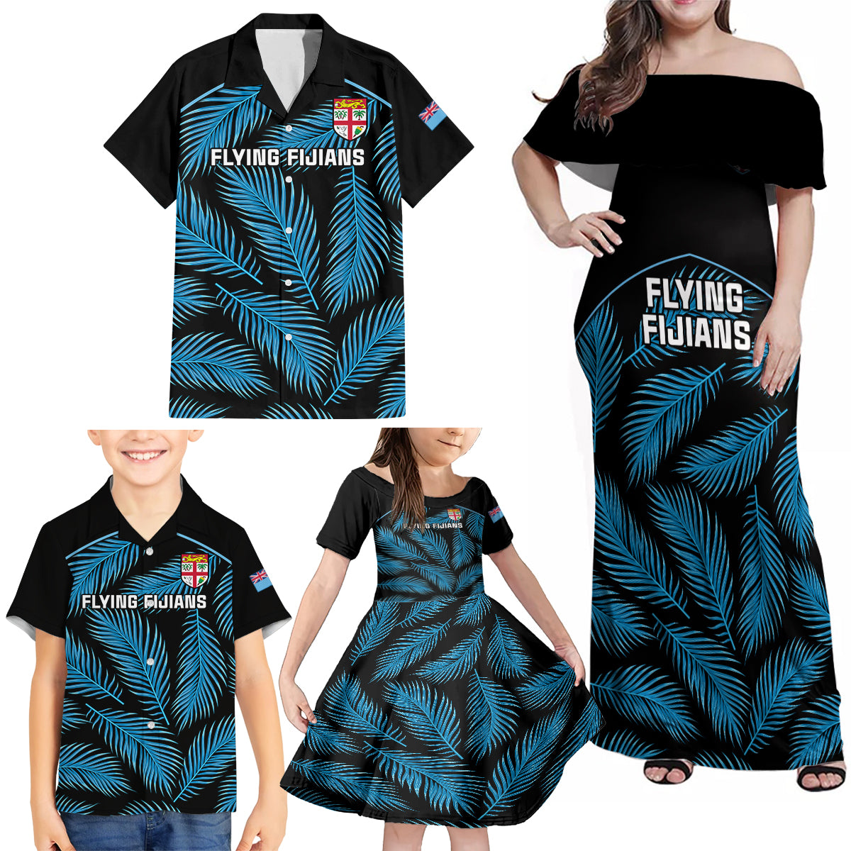 Fiji Rugby Family Matching Off Shoulder Maxi Dress and Hawaiian Shirt Flying Fijians Blue Palm Tree Version LT01 - Polynesian Pride