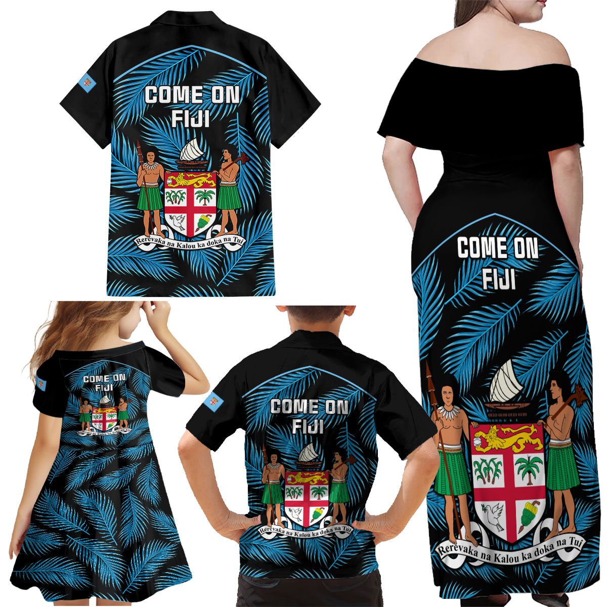 Fiji Rugby Family Matching Off Shoulder Maxi Dress and Hawaiian Shirt Flying Fijians Blue Palm Tree Version LT01 - Polynesian Pride