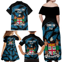 Fiji Rugby Family Matching Off Shoulder Maxi Dress and Hawaiian Shirt Flying Fijians Blue Palm Tree Version LT01 - Polynesian Pride